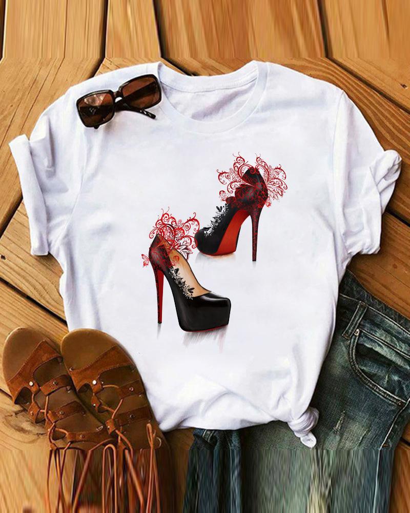 

High Heels Print Short Sleeve Casual T-shirt, White