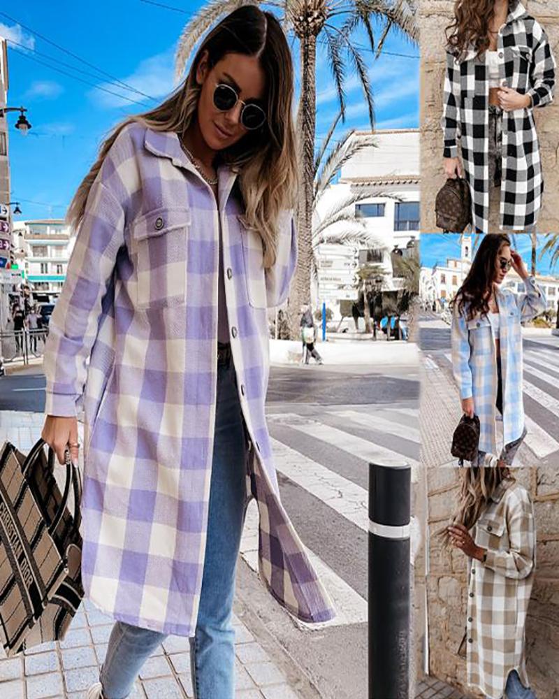 

Plaid Print Pocket Button Design Shacket, Purple