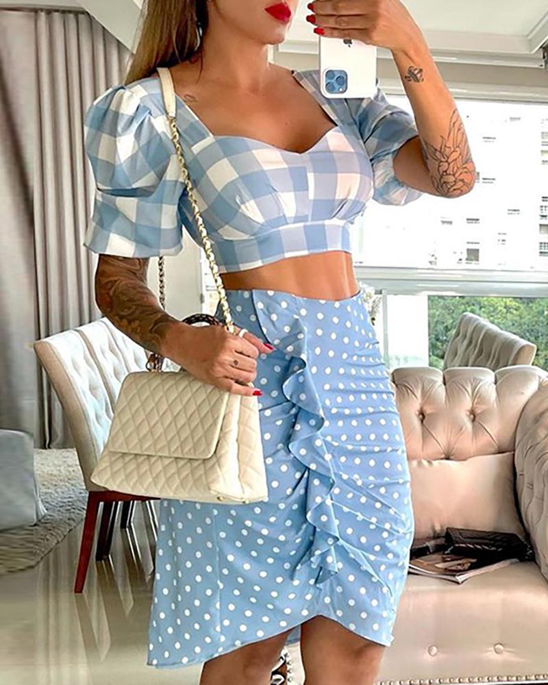 

Plaid Print Puff Sleeve Top & Ruffles Polkadot Print Skirt Set, Blue