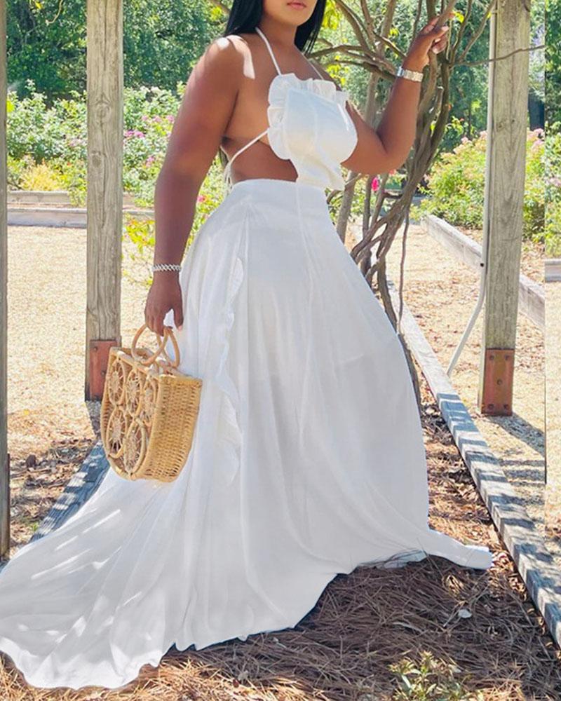 

Halter Backless Ruffle Trim Maxi Dress, White