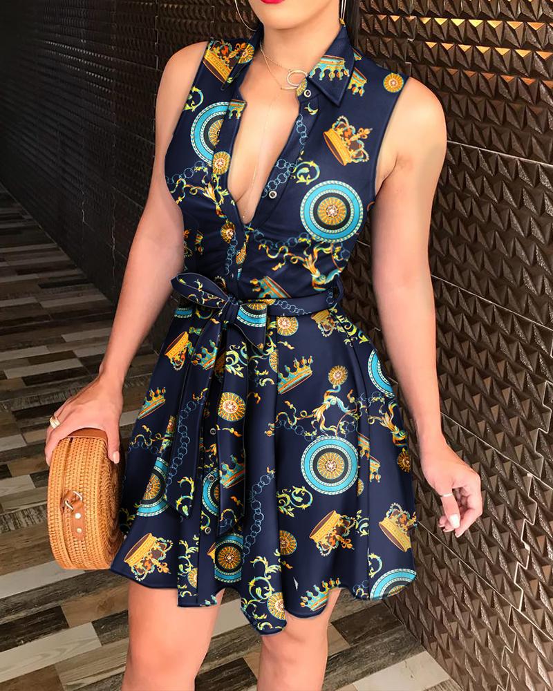 

Chain Baroque Print Belted Shirt Dress, Purplish blue