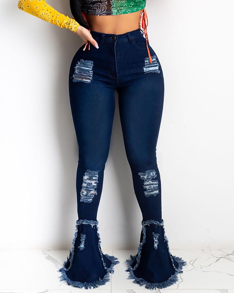 

Ripped Cutout Fringe Hem Bootcut Jeans, Dark blue