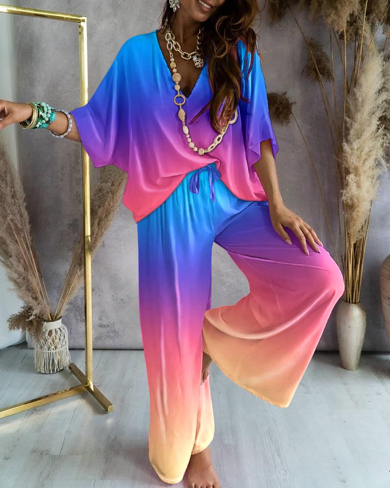 

Ombre Batwing Sleeve Casual Top & Pants Set, Multicolor