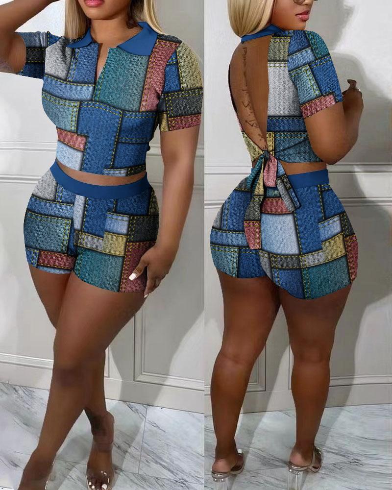 

Denim Look Print Backless Crop Top & Shorts Set, Blue
