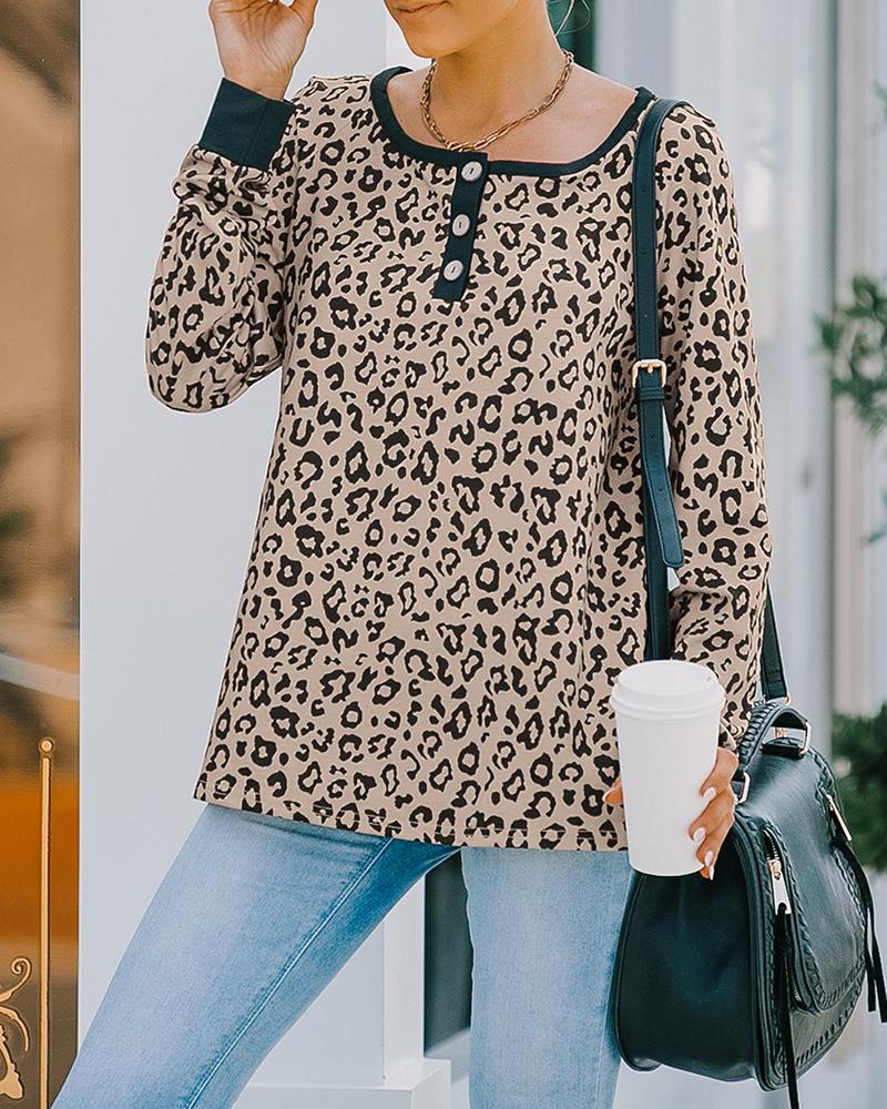 

Camouflage Print Round Neck Buttoned Casual Top, Leopard