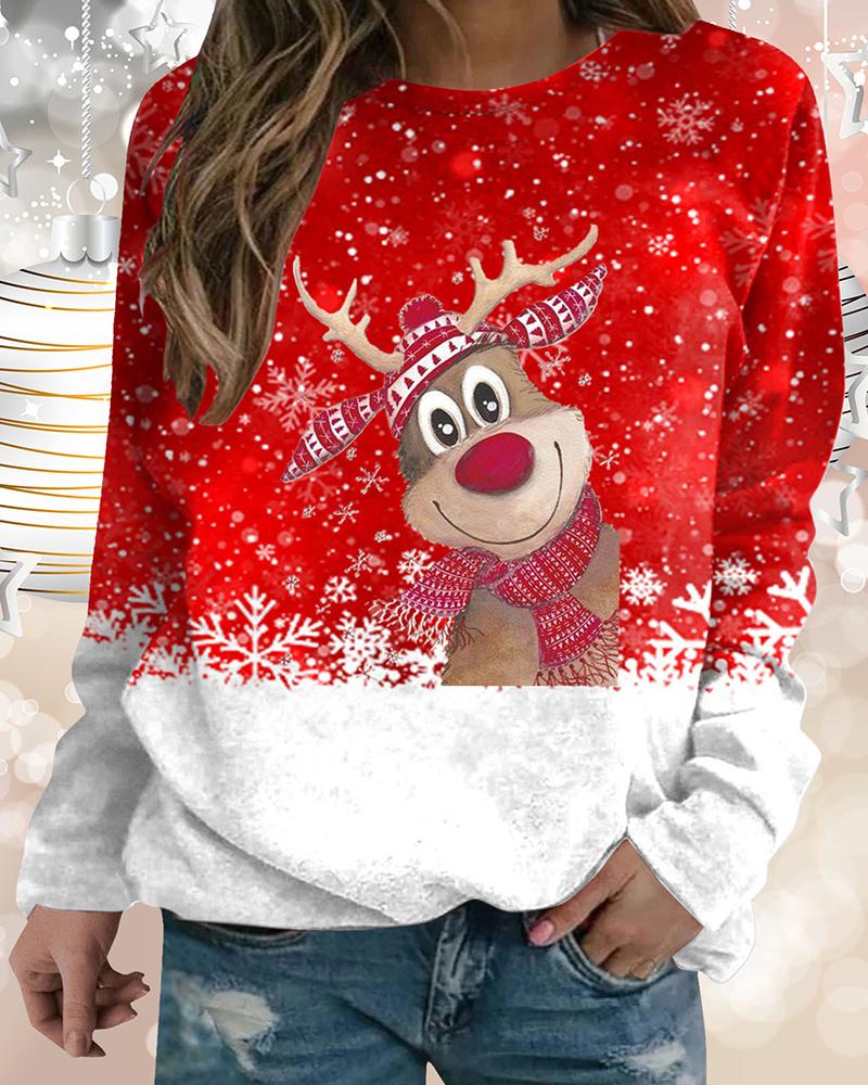

Christmas Elk Graphic Print Long Sleeve Sweatshirt, Red