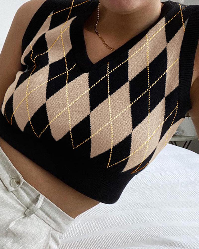 

Color Block Plaid Sleeveless Vest Sweater, Black