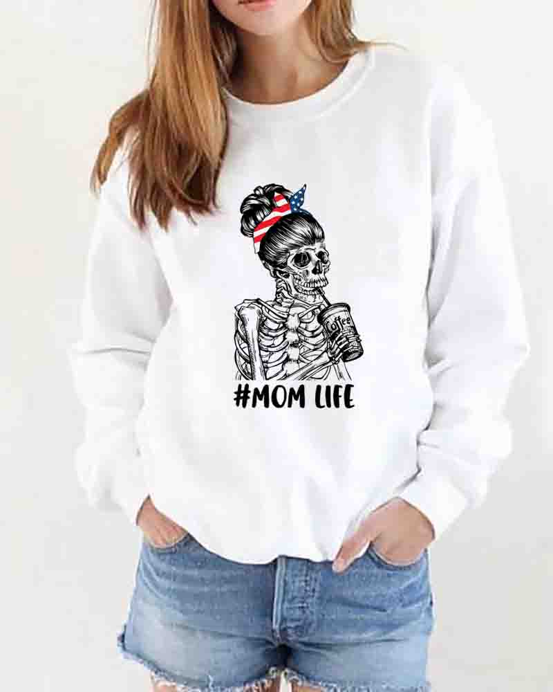 

Mother' Day Skeleton Letter Print Long Sleeve Sweatshirt, White