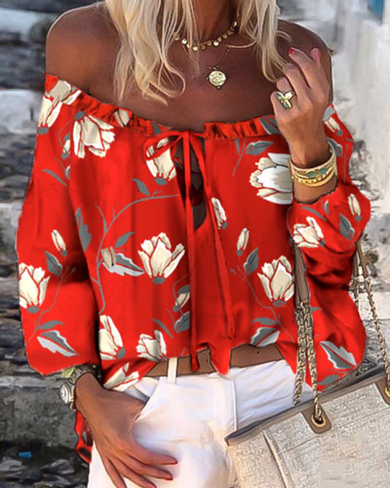 

Floral Print Off Shoulder Lace Up Top, Red