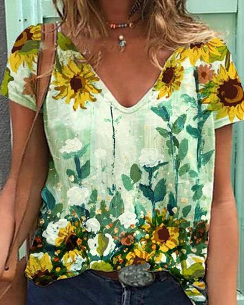 

Sunflower Print Colorblock Short Sleeve Casual T-shirt, White