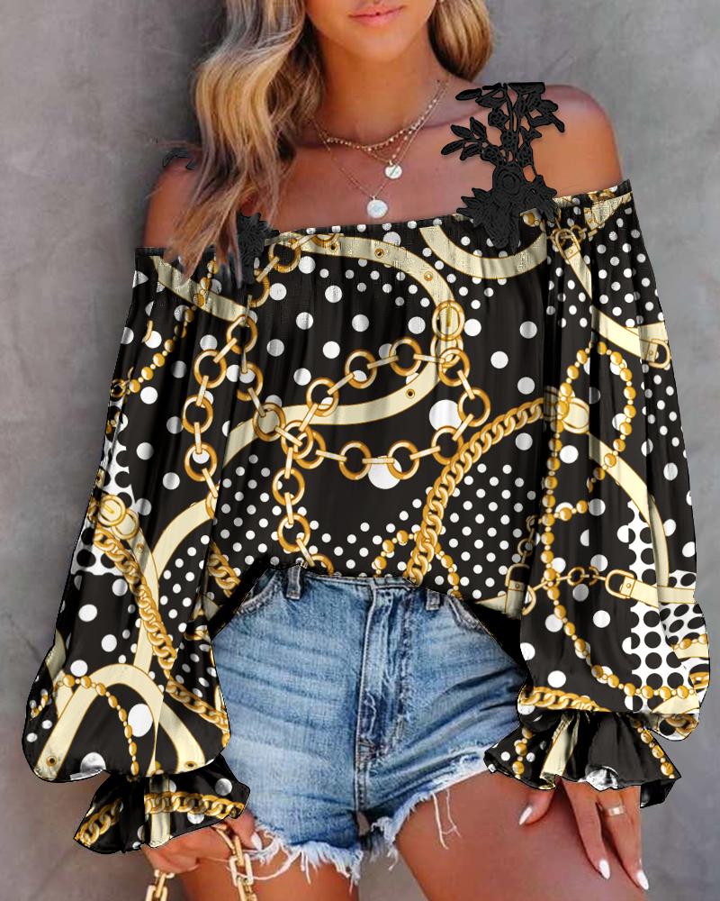 

Polka Dot Chain Print Lace Patch Cold Shoulder Top, Black