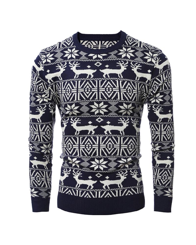 

Christmas Print Long Sleeve Sweater, Dark blue