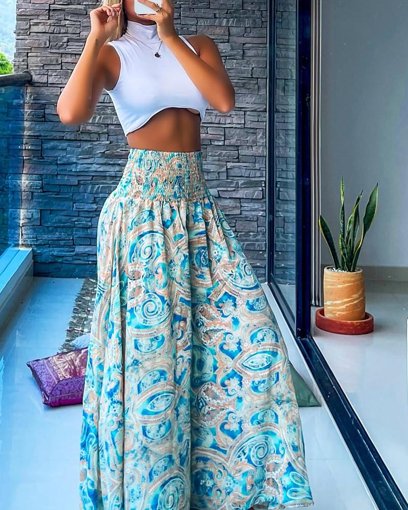 

Paisley Print Shirred High Waist Wide Leg Pants Vacation Pants, Lighted blue