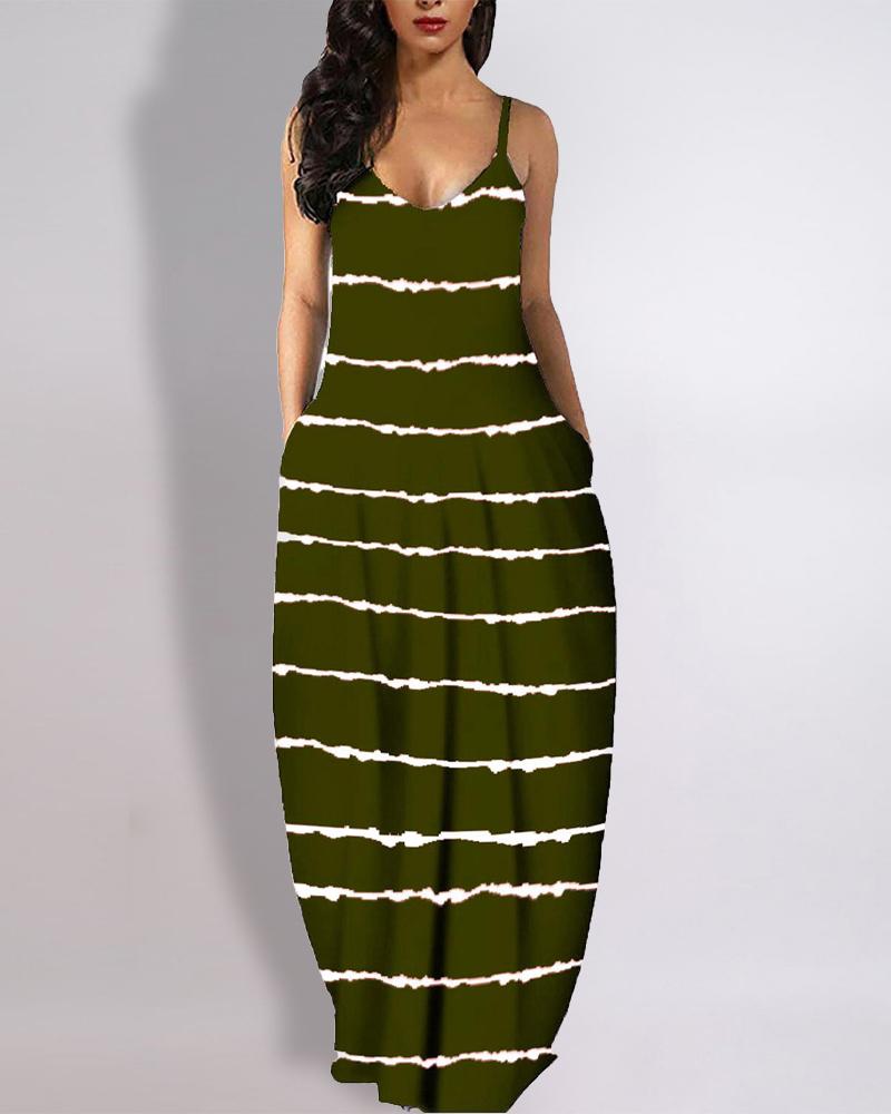 

Tie Dye Print Pocket Detail V-Neck Casual Dress, Green