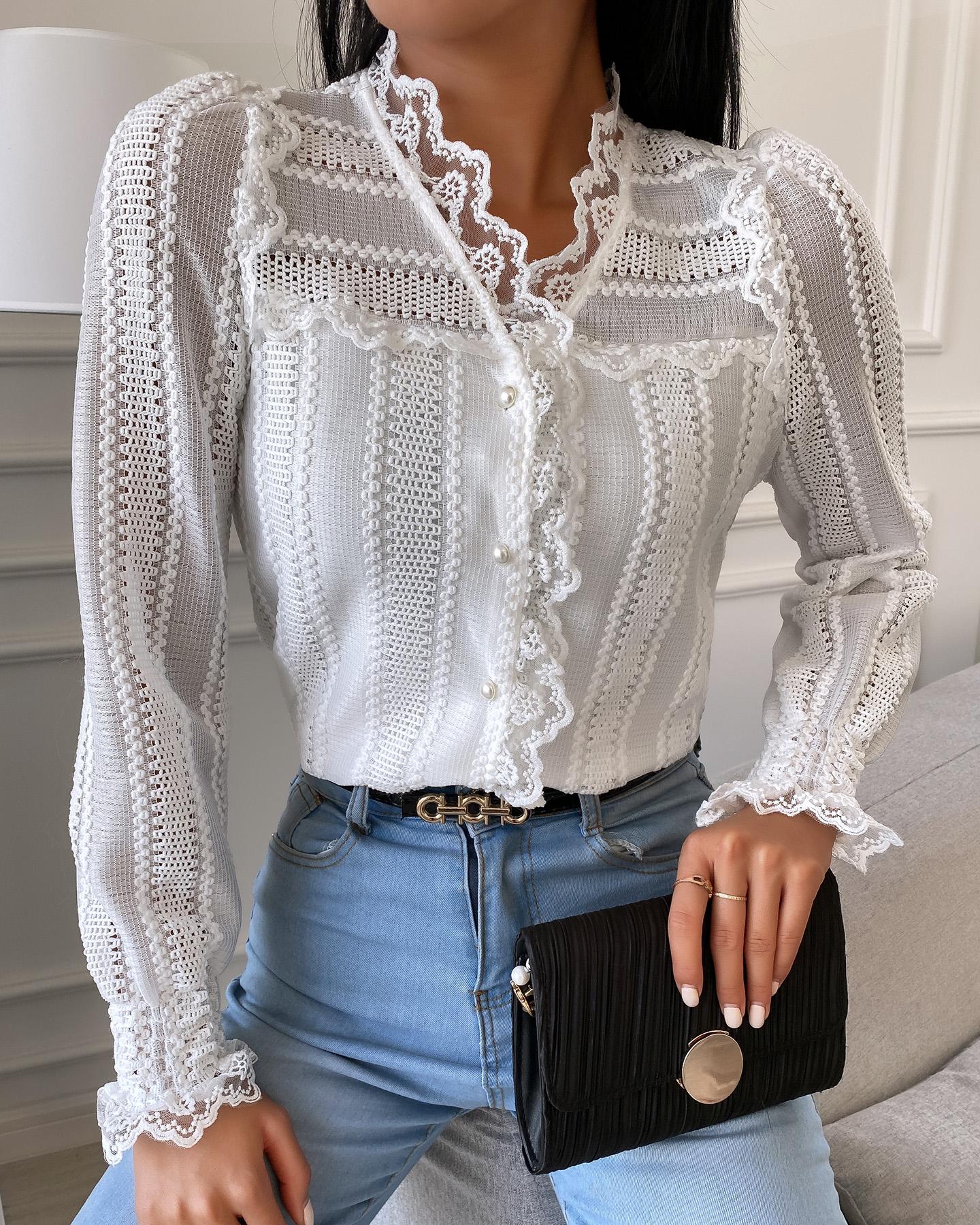 

Button Front Lace Trim Long Sleeve Top, White