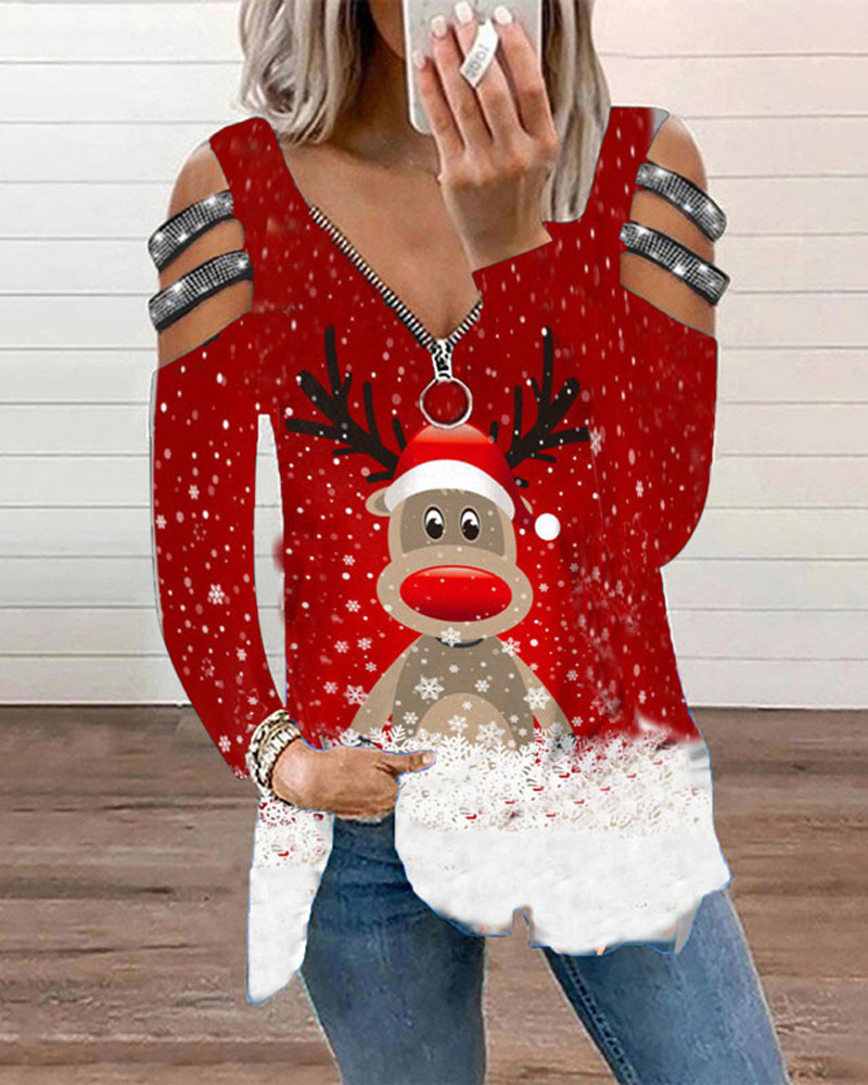

Christmas Print Rhinestone Cold Shoulder Zip Front Top, Red
