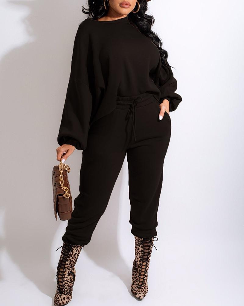 

Lantern Sleeve Top & Drawstring Pocket Design Pants Set, Black