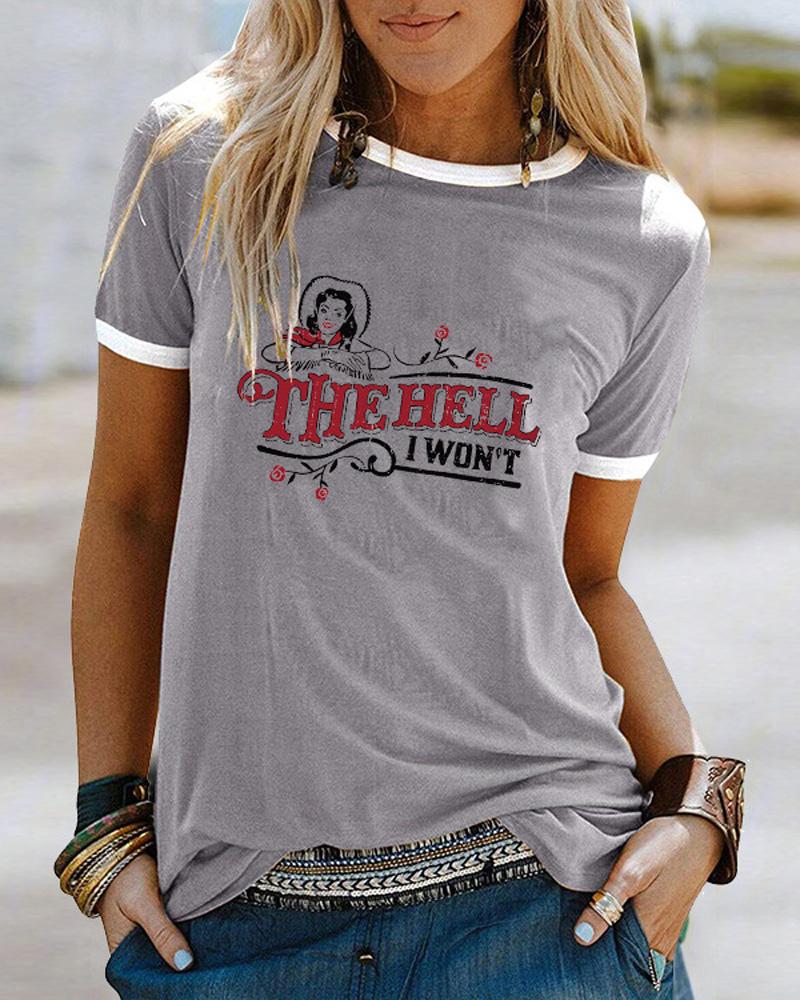 

Letter Figure Print Contrast Binding Casual T-shirt, Gray