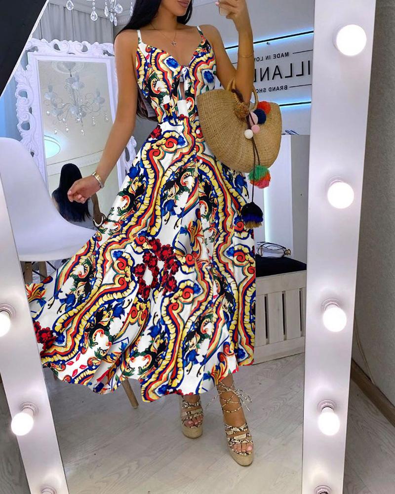 

Tie Front Graphic Print Maxi Dress, Multicolor