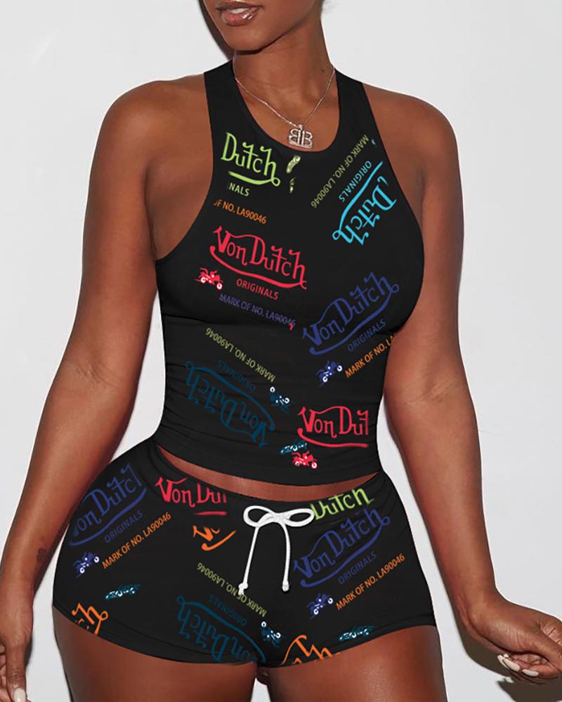 

Letter Print Tank Women Top & Drawstring Shorts Set, Black