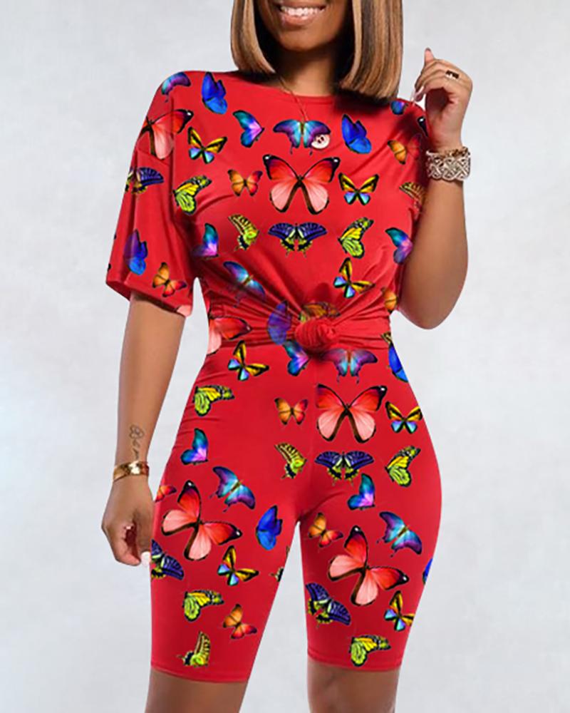 

Short Sleeve Butterfly Printed Top & Short Sets, Red