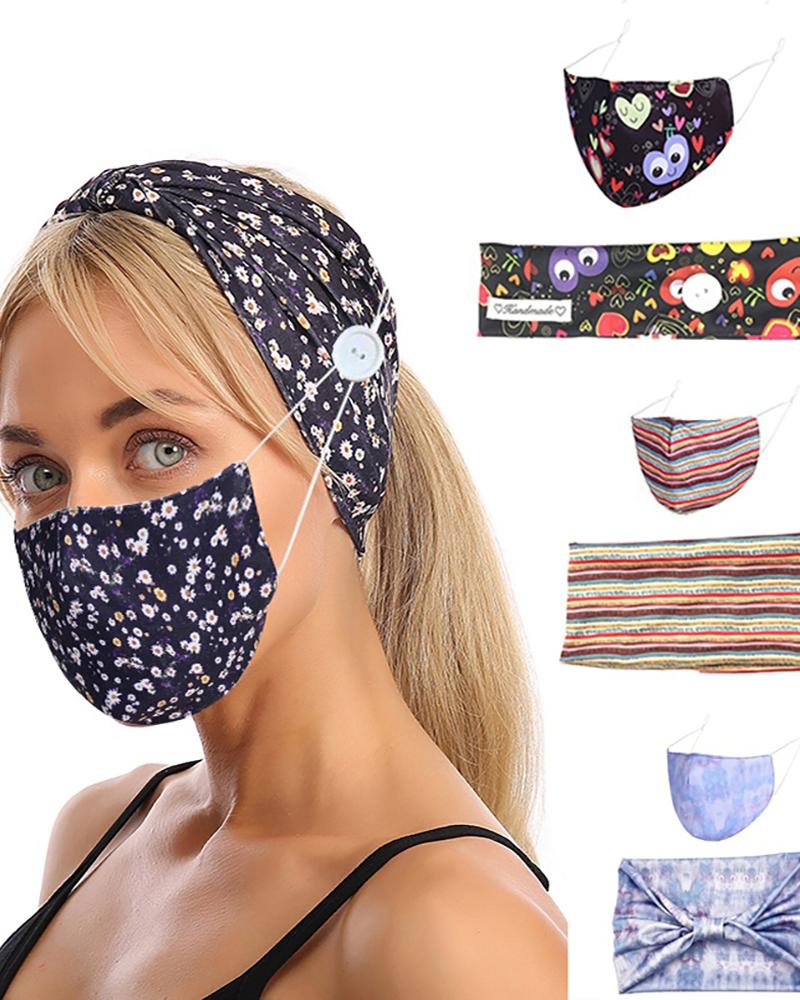 

Button Wide Headband Elastic Facemask Holder With Mouth Mask, Black