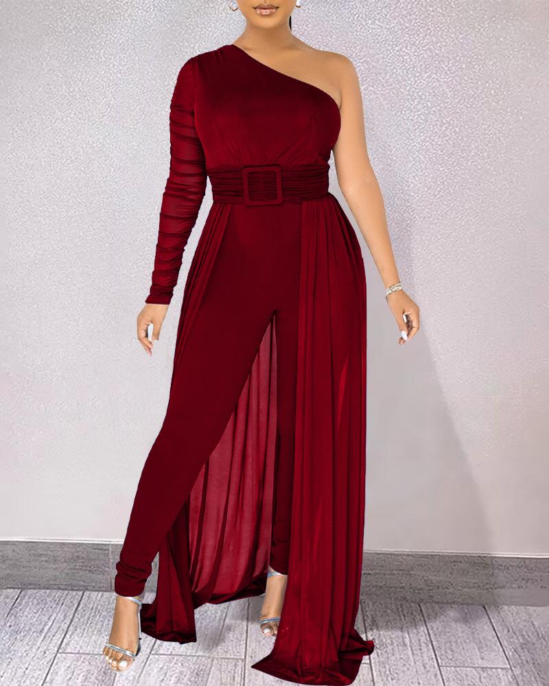 

One Shoulder Sheer Mesh Ruched Jumpsuit, Wine red