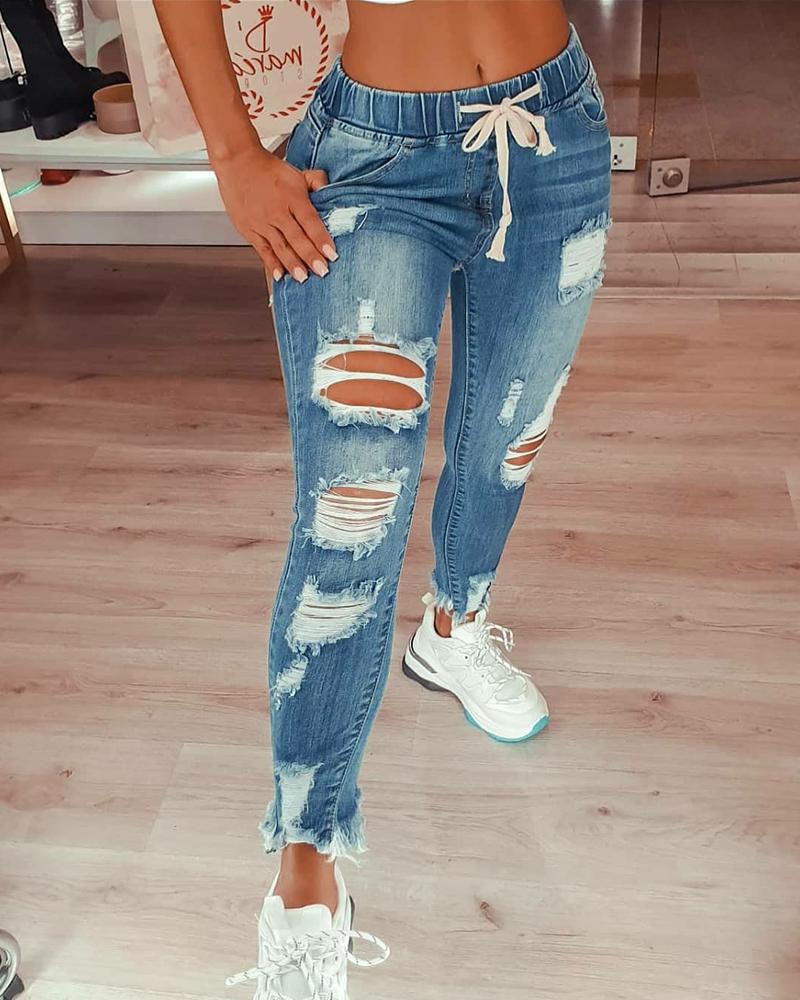 

Drawstring Cutout Ripped Skinny Jeans, Blue