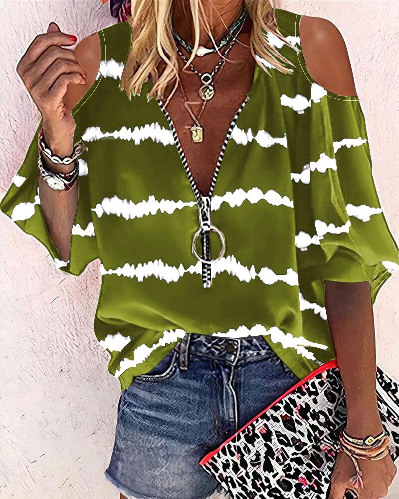 

Tie Dye Print Zip Front Cold Shoulder Top, Green