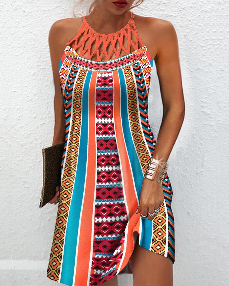 

Tribal Print Hollow Out Sleeveless Casual Dress, Multicolor
