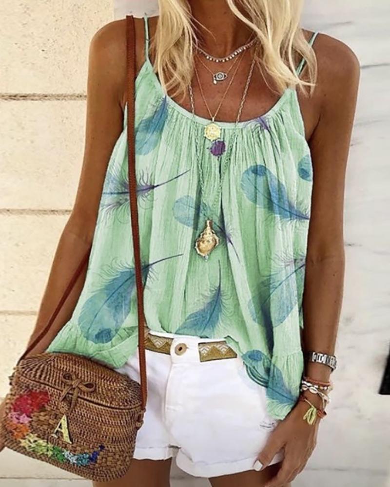 

Spaghetti Strap Feather Print Top, Green