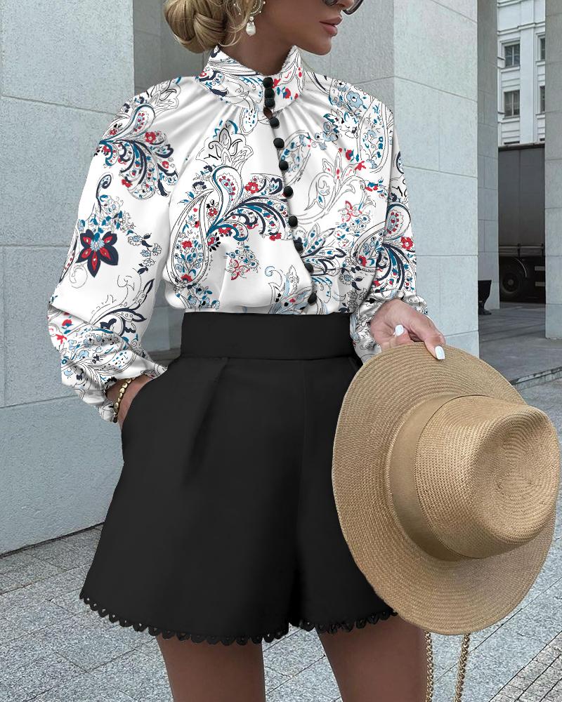 

Two Piece Sets Casual Floral Print Button Front Long Sleeve Top & Solid Shorts Set, White