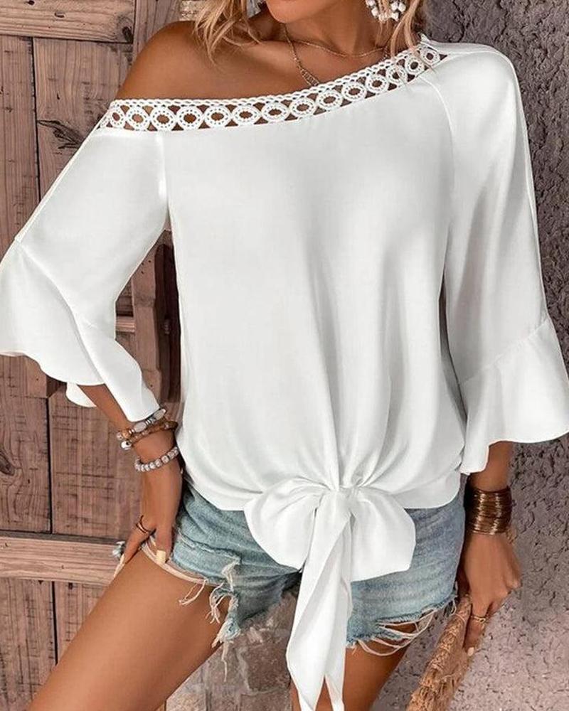 

Skew Neck Hollow Out Ruffle Sleeve Top, White