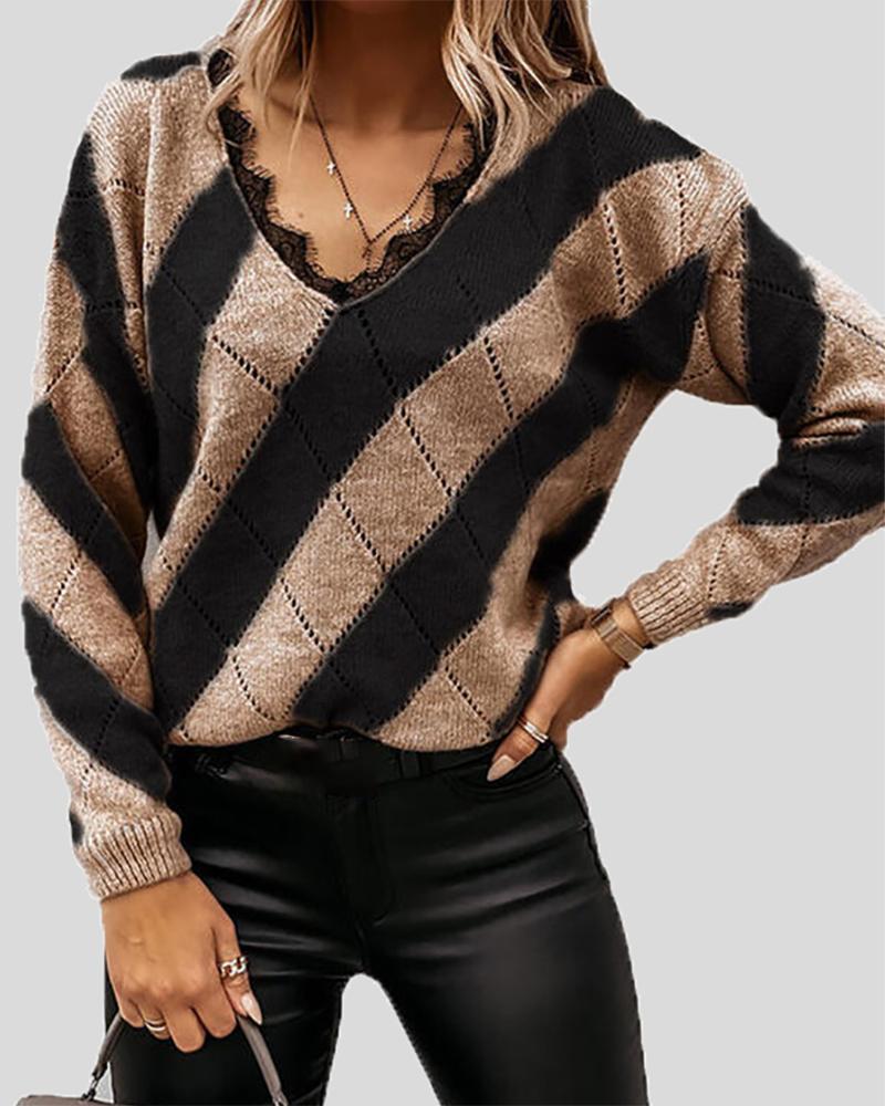 

Striped Print Eyelash Lace Trim Hollow Out Sweater, Khaki