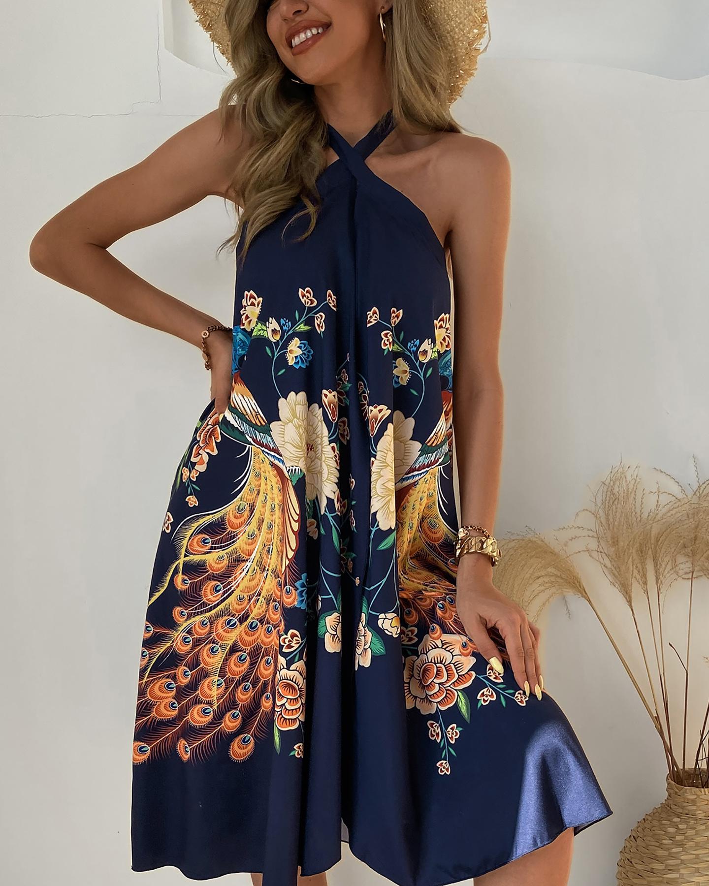 

Peacock Print Halter Sleeveless Ruched Design Dress, Purplish blue