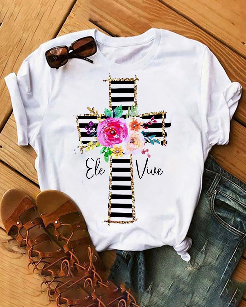 

Floral Cross Striped Print Short Sleeve Casual T-shirt, White