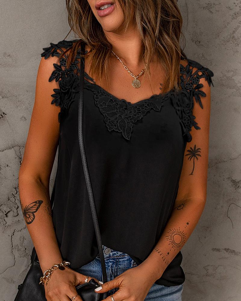

Guipure Lace Patch Tank Top, Black