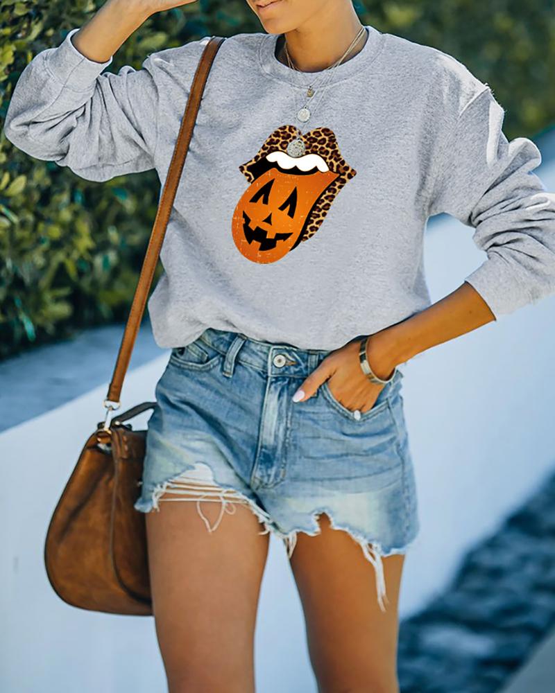 

Halloween O Neck Cheetah Lip Print Sweatshirt, Gray