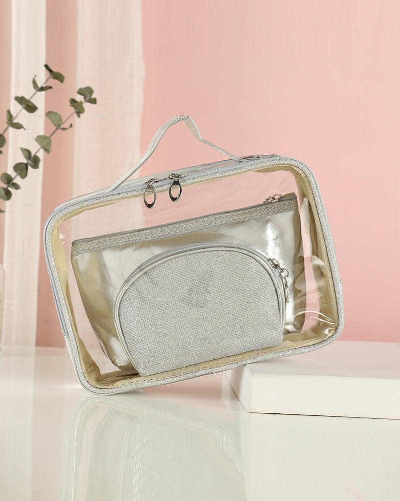 

3PCS Clear Makeup Bag Cosmetic Beauty Bag Portable Travel Pouch Multifunctional Toiletry Organizer, Silver