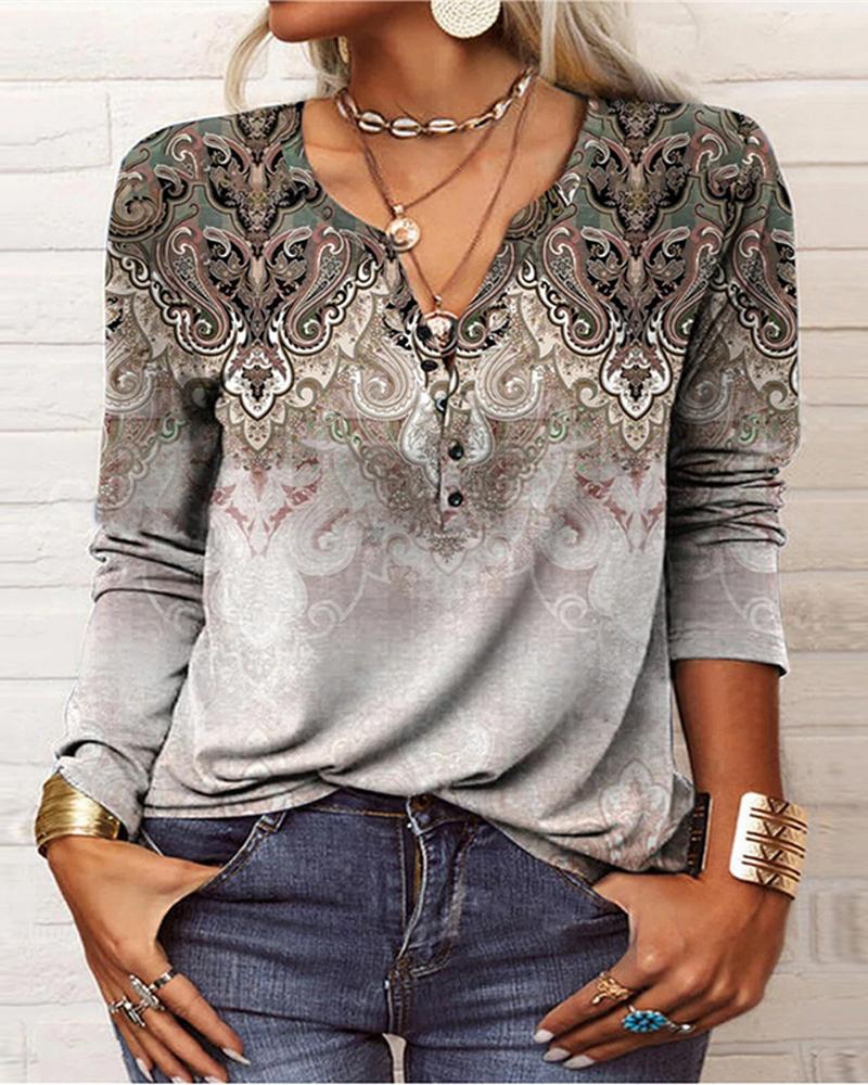 

Tribal Print Long Sleeve Top, Khaki