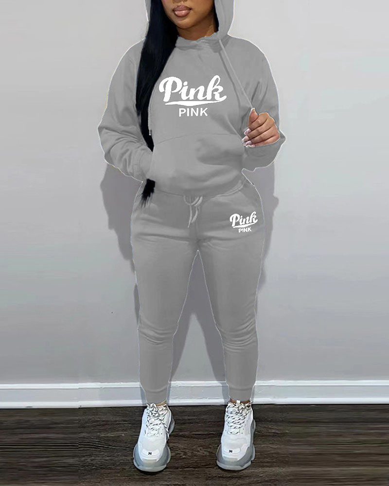 

Embroidery Letter Drawstring Hoodie & Pants Set, Gray