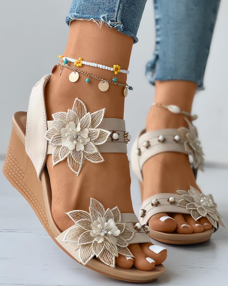 

Floral Pattern Slingback Wedge Sandals, Apricot