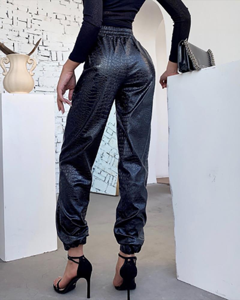 

Croc Embossed High Waist Pocket Design Drawstring Pants, Black