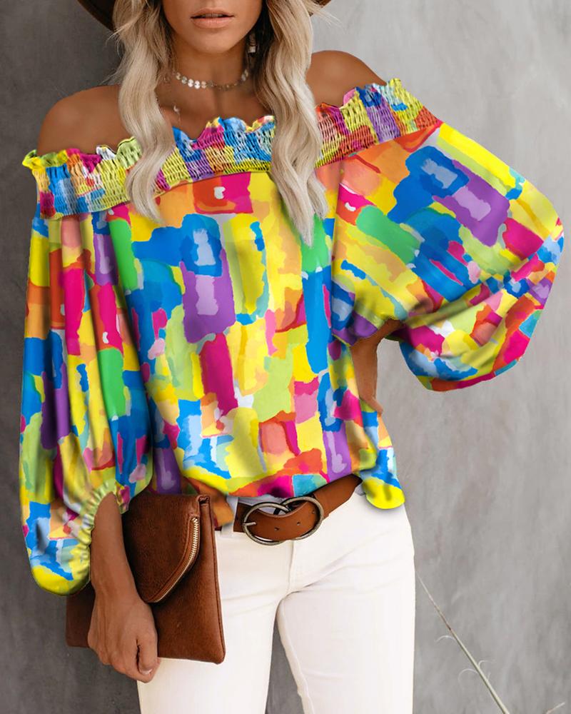 

Colorful Frill Trim Off Shoulder Lantern Sleeve Blouse, Multicolor