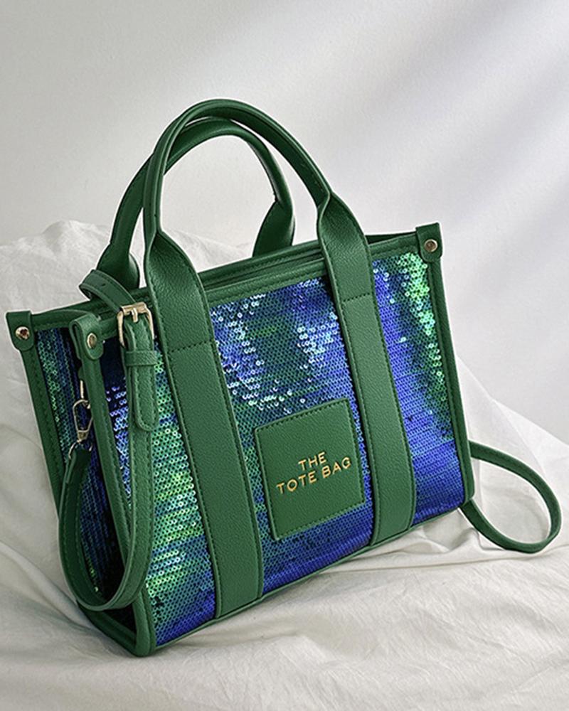 

Trendy Large Capacity Sequin Top Handle Tote Bag, Green