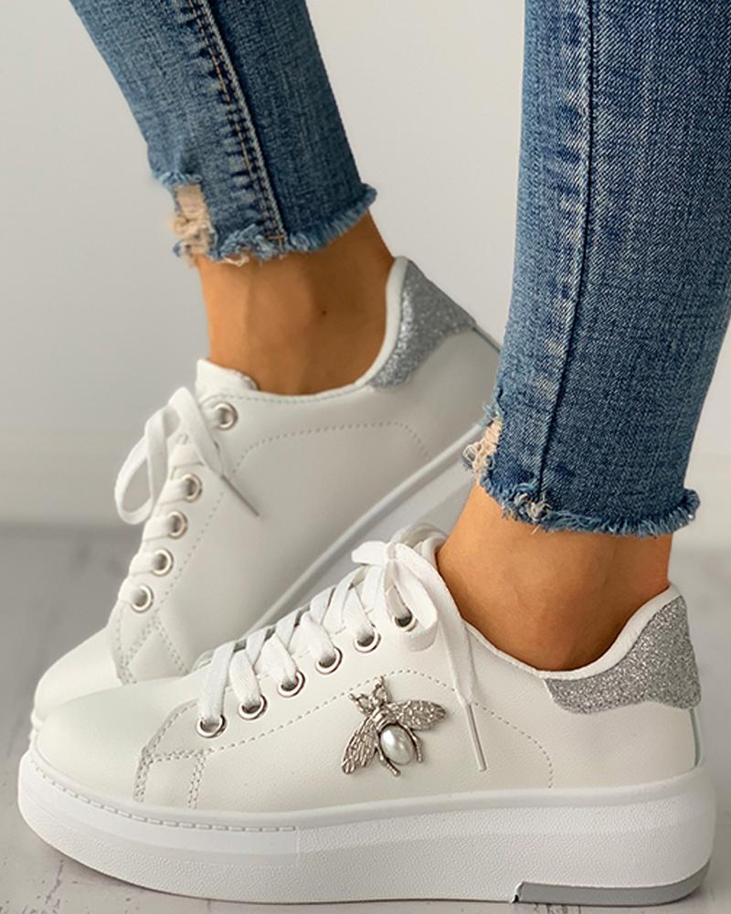 

Sequins Bee Pattern Eyelet Lace-up Skater Shoes, Silver