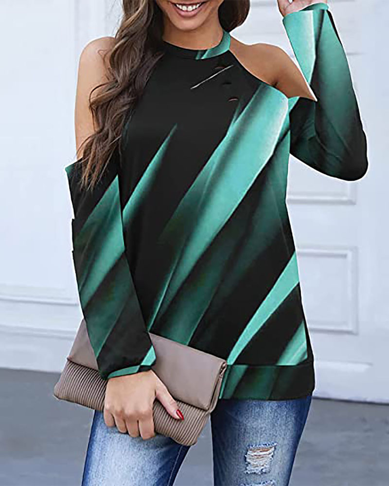 

Ombre Colorblock Cold Shoulder Casual Top, Green