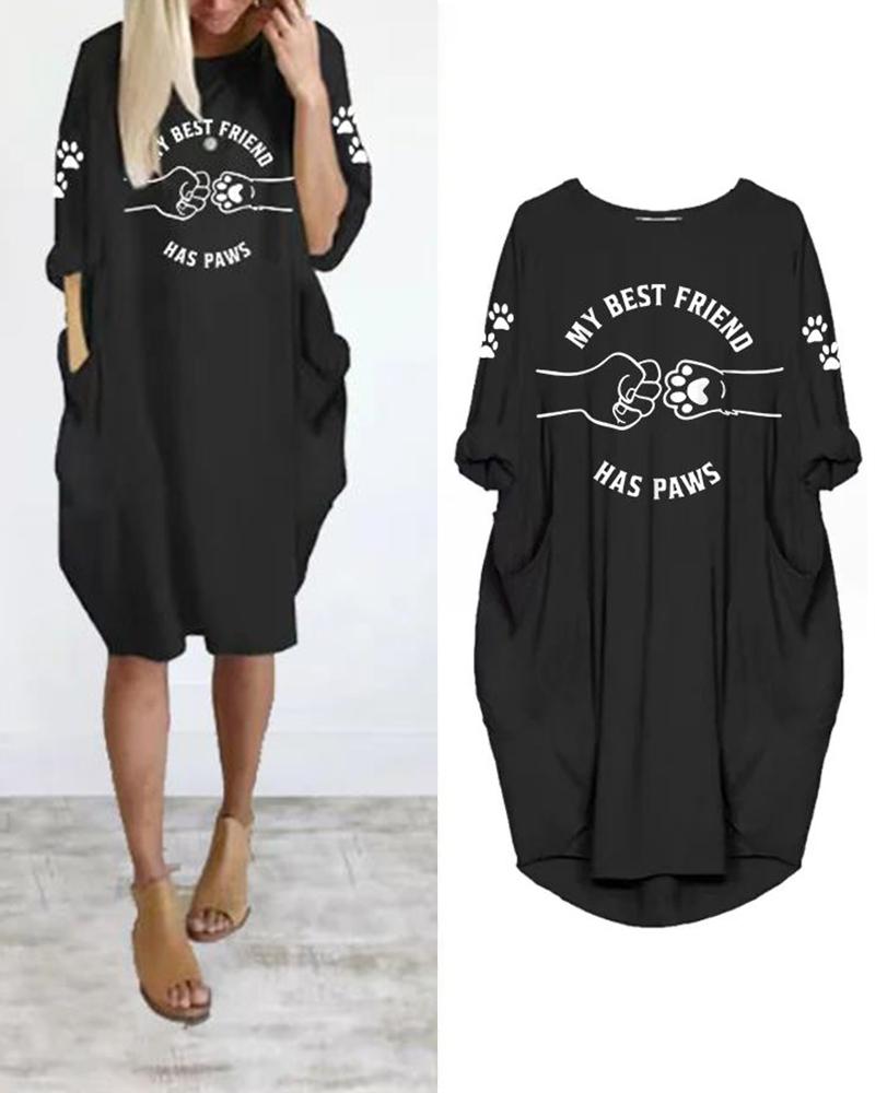 

Puppy Claw Letter Graphic Print Casual Dress, Black