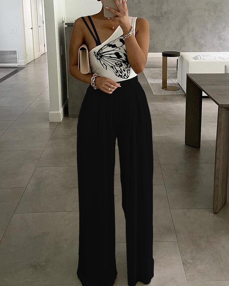 

One Shoulder Double Strap Butterfly Print Jumpsuit, Black&white