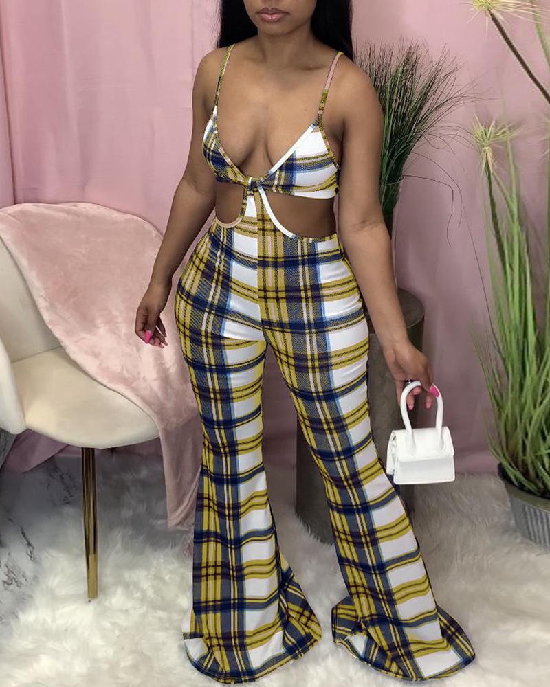 

Spaghetti Strap Plaid Print Cutout Jumpsuit, Yellow